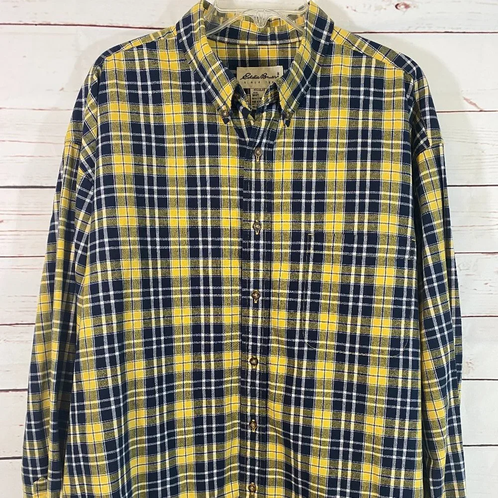 SOLD Eddie Bauer Black & Yellow Plaid Flannel Long Sleeve Shirt NWOT - Picture 1 of 14